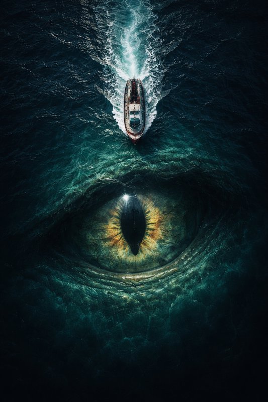 Aerial view of a small speedboat above a colossal, glowing sea monster eye beneath the water.