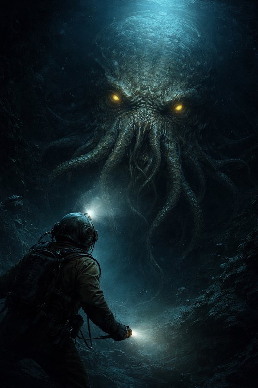Deep-sea diver confronts a colossal, glowing-eyed Cthulhu-like creature in an underwater cavern