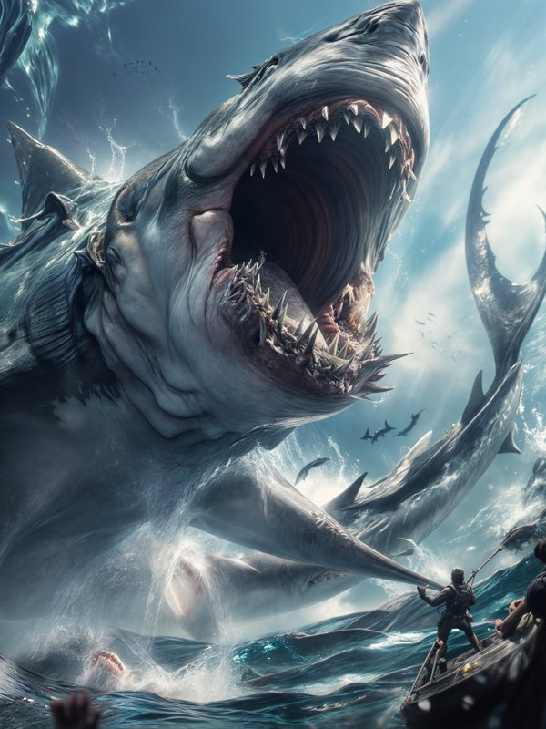 Giant sea monster shark with jaws wide open attacking boats in a dramatic fantasy ocean scene.