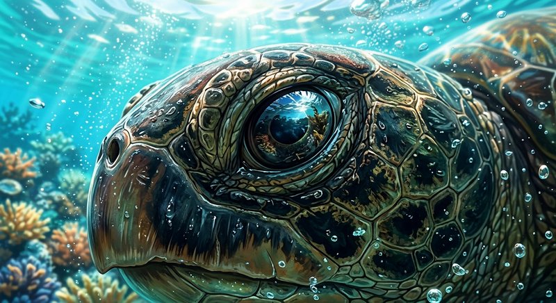 Close-up underwater view of a sea turtle with detailed shell and bright reef in the background