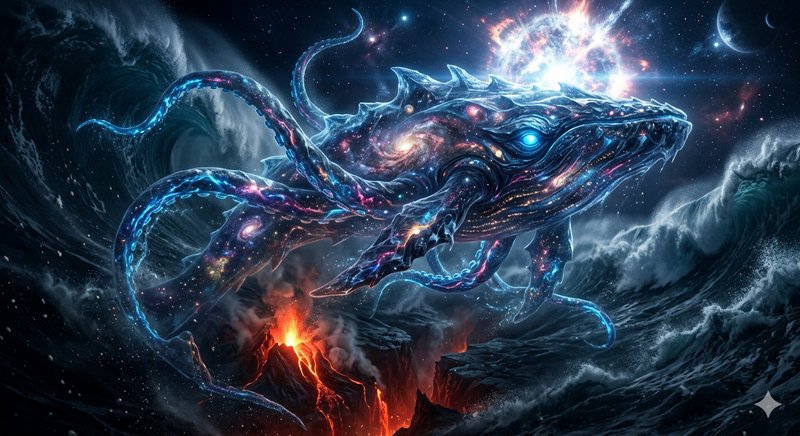 Futuristic bioluminescent dragon-like creature soaring over erupting volcanic landscape in space.