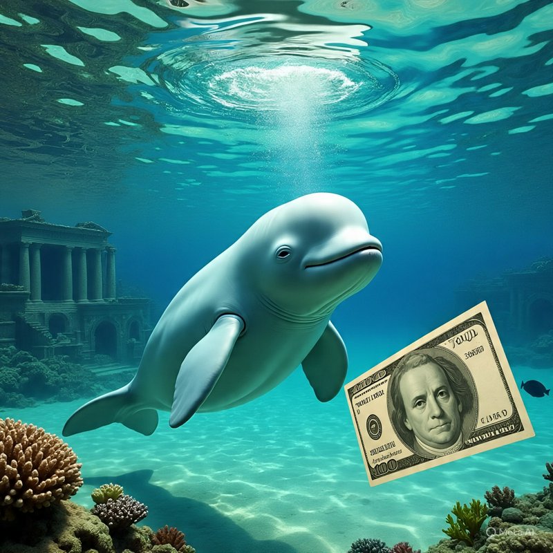 A friendly beluga-like dolphin swims underwater near ancient ruins with a floating $100 bill.