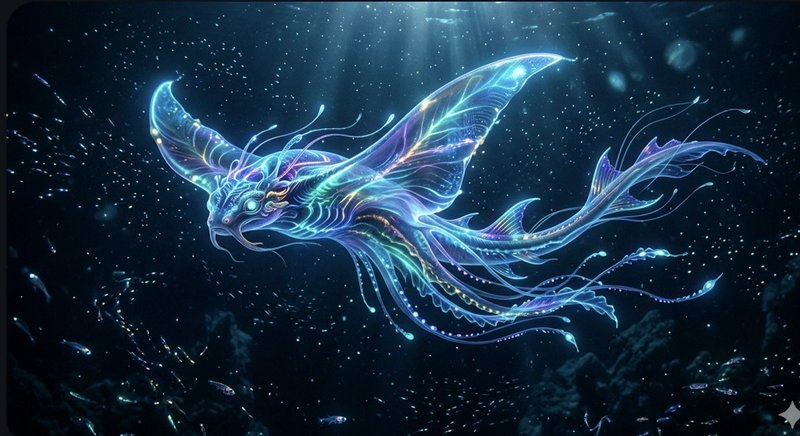 Glowing neon jellyfish-like sea dragon swims through a deep blue ocean.