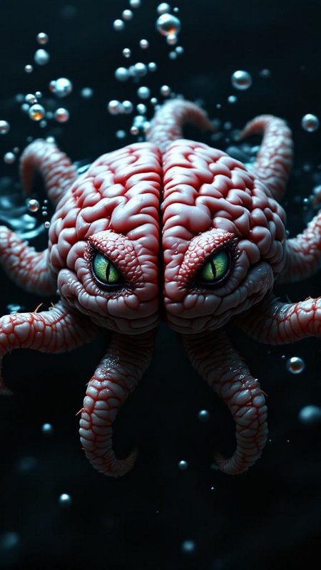 Underwater close-up of a pink octopus with textured skin and green eyes, bubbles rising around.