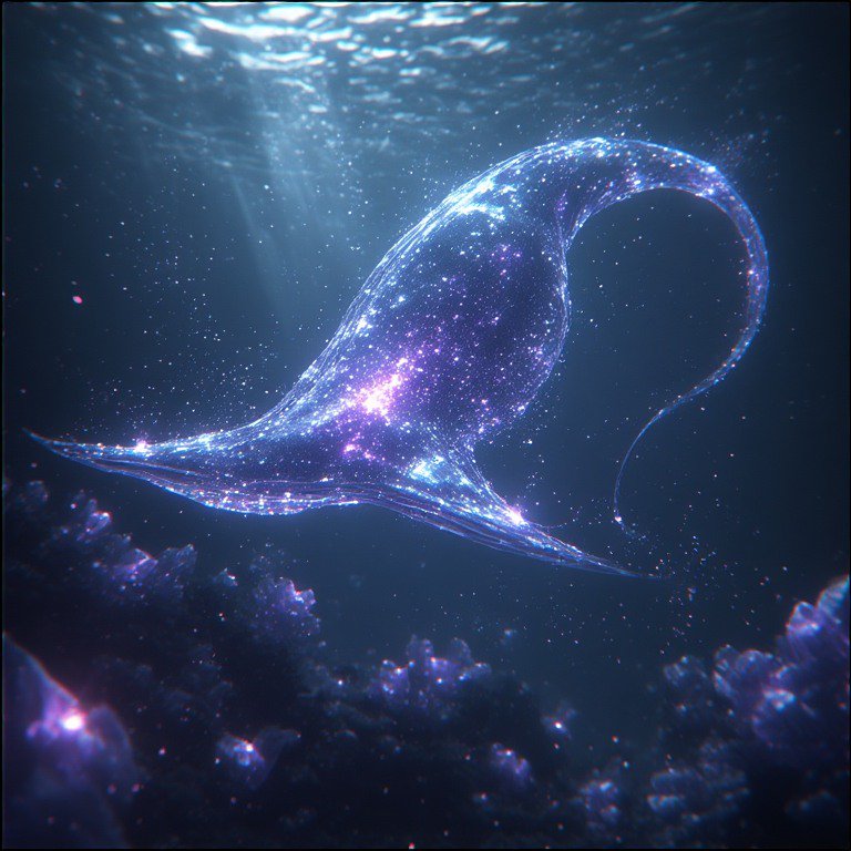 Bioluminescent jellyfish-like creature glowing with purple-blue lights underwater.