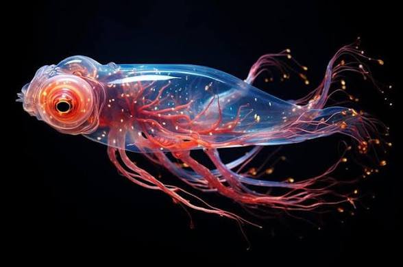 Transparent jellyfish with glowing red internal tentacles drifting in a dark ocean background.