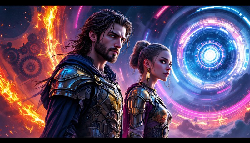 Two armored fantasy warriors stand side by side with glowing circular portals in neon blues and p...