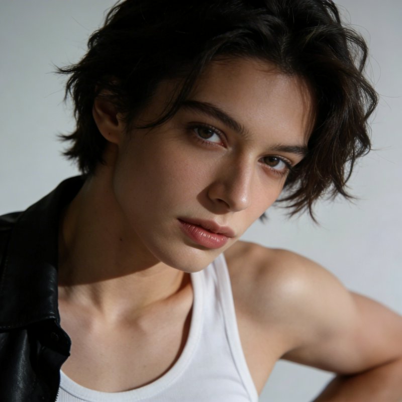Close-up portrait of a young person with short dark hair, wearing a white tank top and black leather jacket.