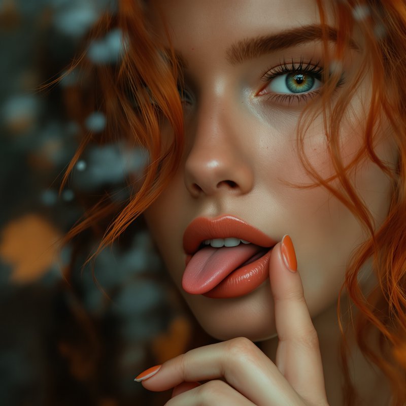 Close-up portrait of a woman with orange hair licking her lips, blue-green eye visible, glossy coral makeup.