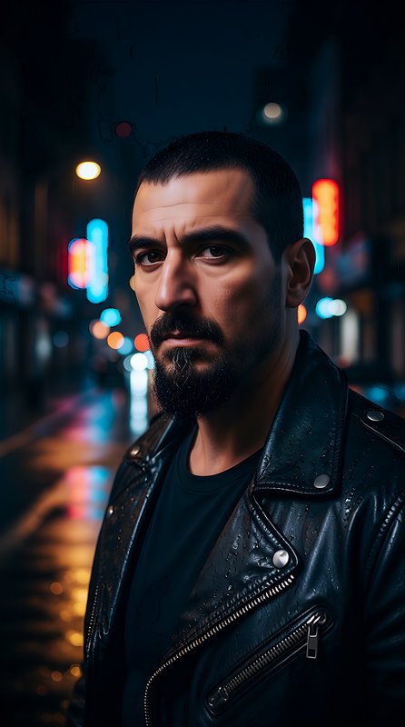 Portrait of a bearded man in a black leather jacket on a neon-lit city street at night.
