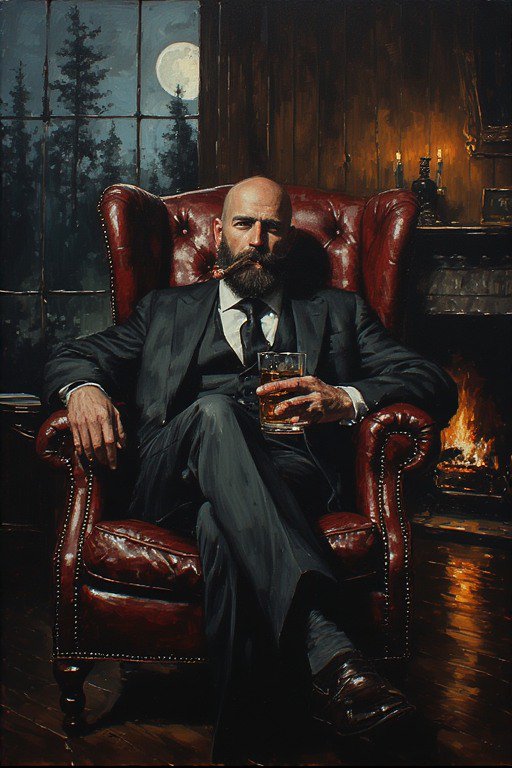 Bearded man in a dark suit sits in a red leather armchair by a fireplace, holding a glass.