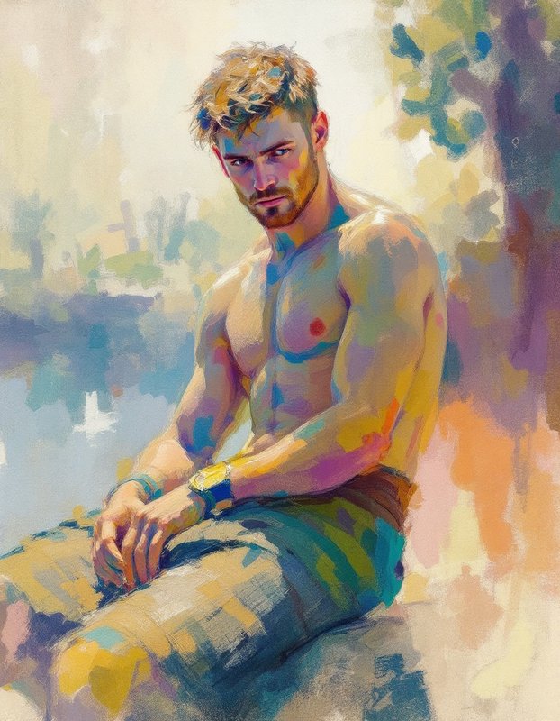 Colorful impressionist-style painting of a shirtless man seated, with vibrant hues and soft abstract background.
