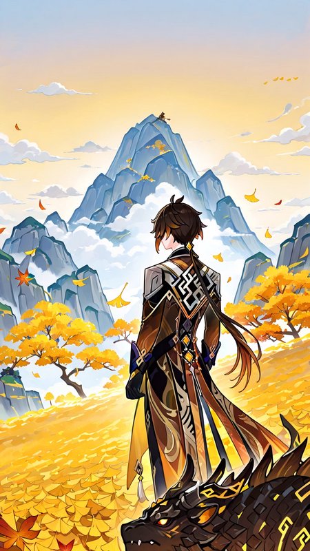 Fantasy warrior in ornate armor stands among autumn leaves with blue mountain backdrop.