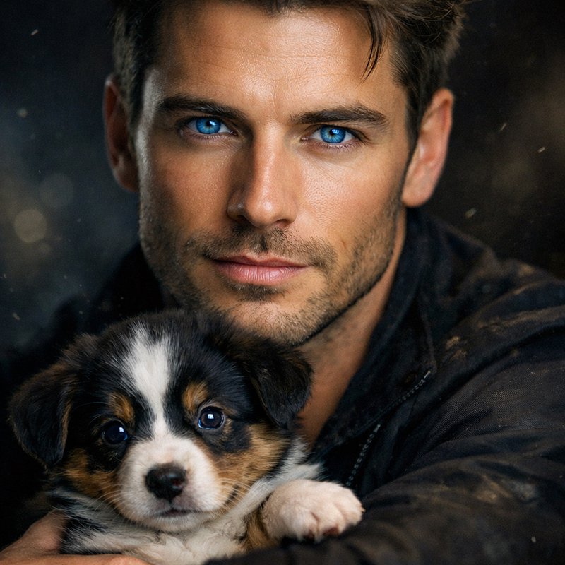 Close-up portrait of a man with blue eyes holding a small tricolor puppy.