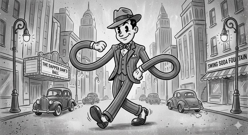 Black-and-white cartoon of a dapper man in a 1920s suit and hat, walking with stretchy looping ar...