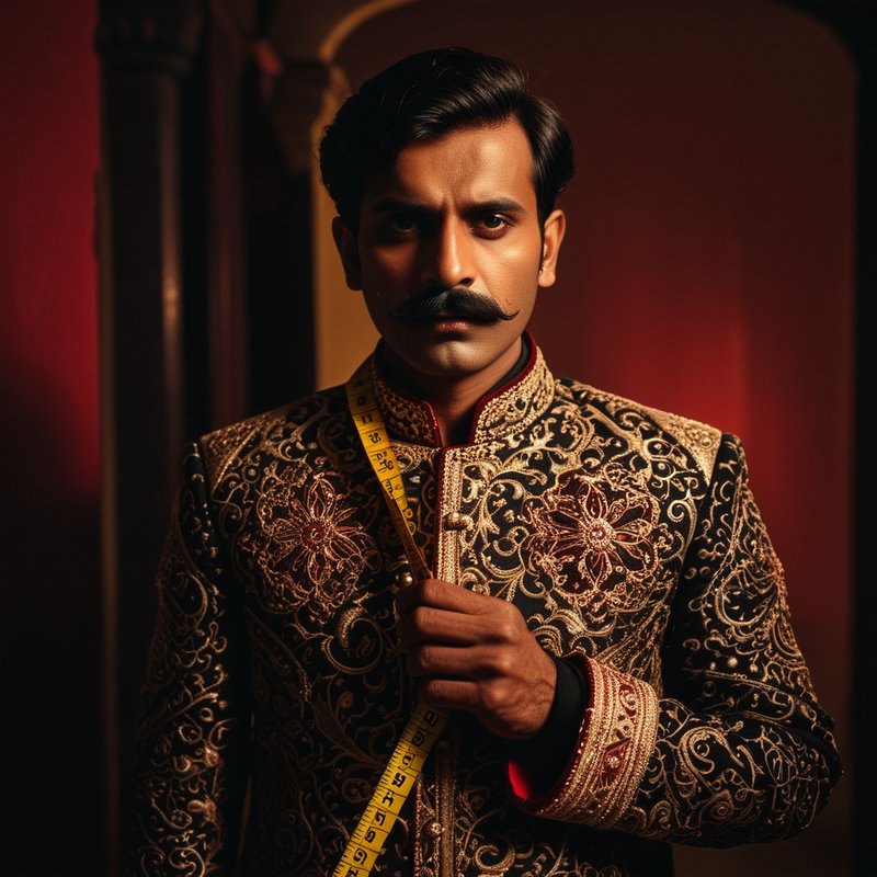 Portrait of a man in an ornate gold-embellished sherwani holding a measuring tape.
