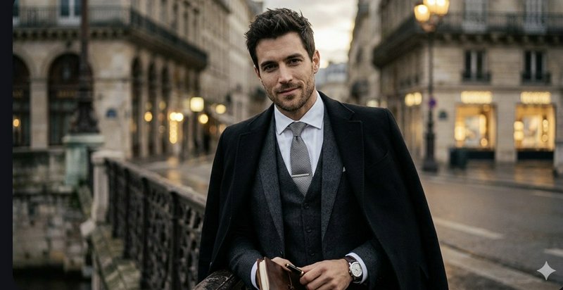A sharp-dressed man in a dark overcoat and gray suit on a city street.