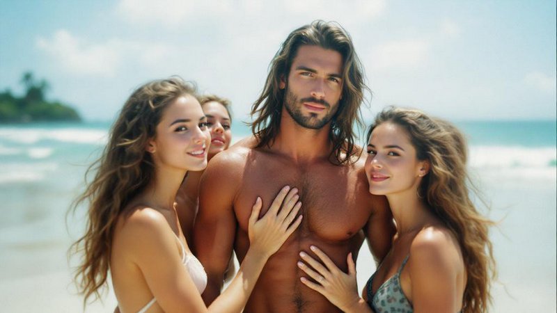 Muscular man at the beach surrounded by four smiling women in swimsuits.