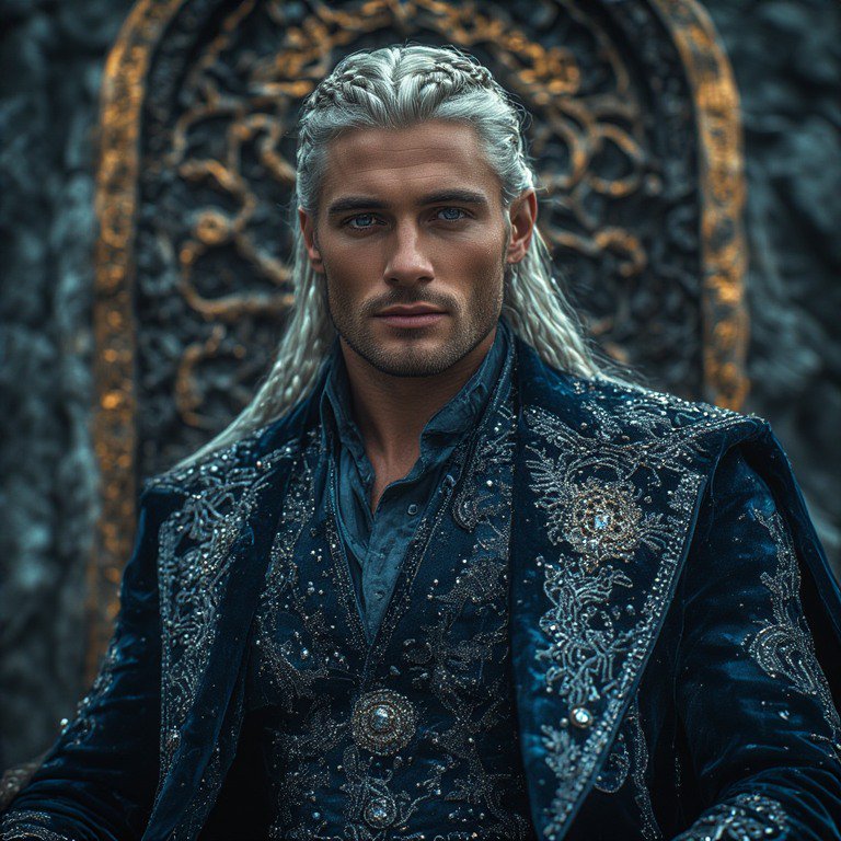 Fantasy-style man with long silver-blond hair wearing an embroidered navy velvet jacket.