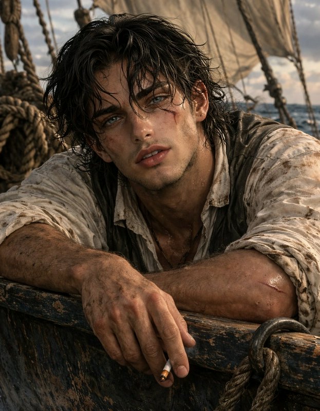 Rugged young man leaning over a weathered boat railing with wet hair and a cigarette.
