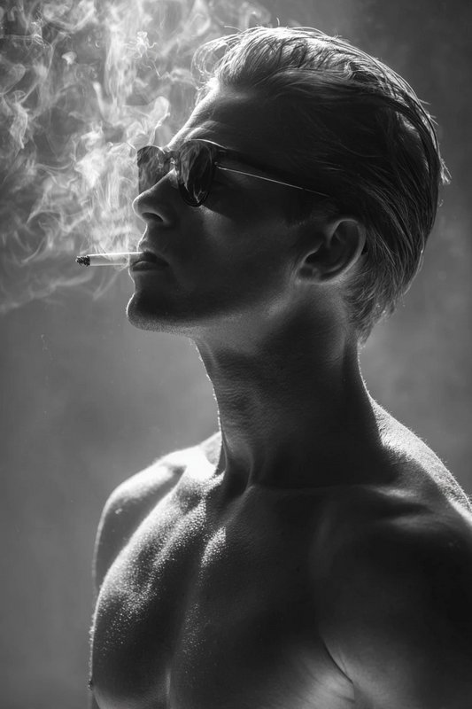 Man shirtless with slicked-back hair wearing sunglasses, smoking a cigarette in smoky lighting.