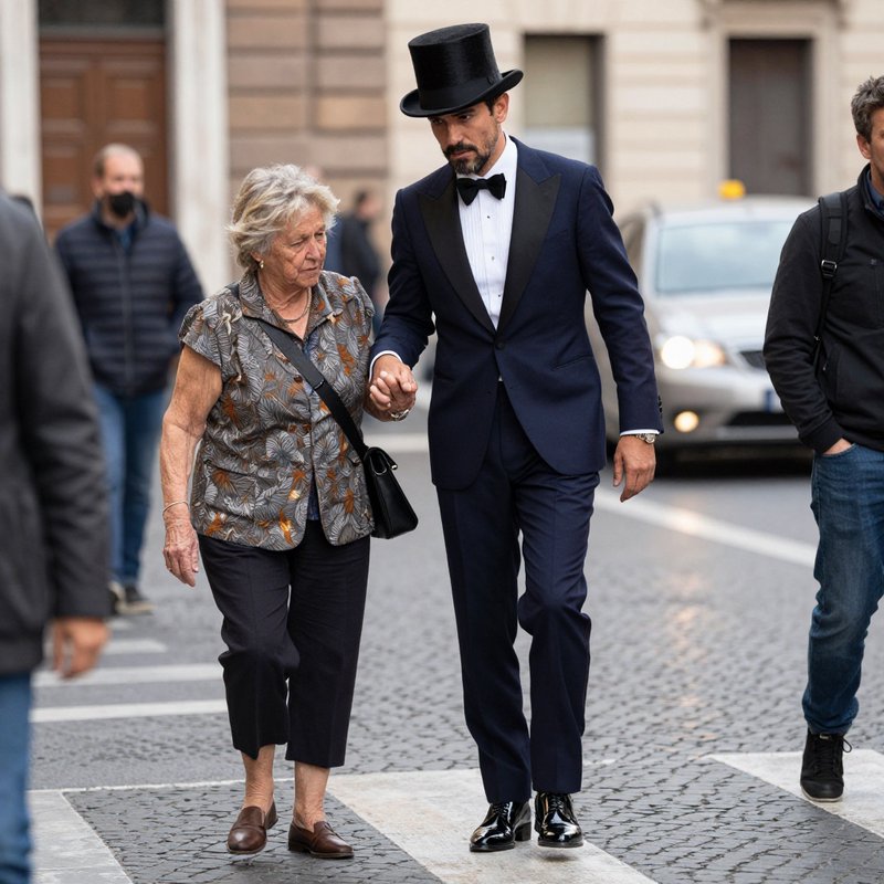 Well-dressed man in a navy suit and top hat escorts an elderly woman across a city street.