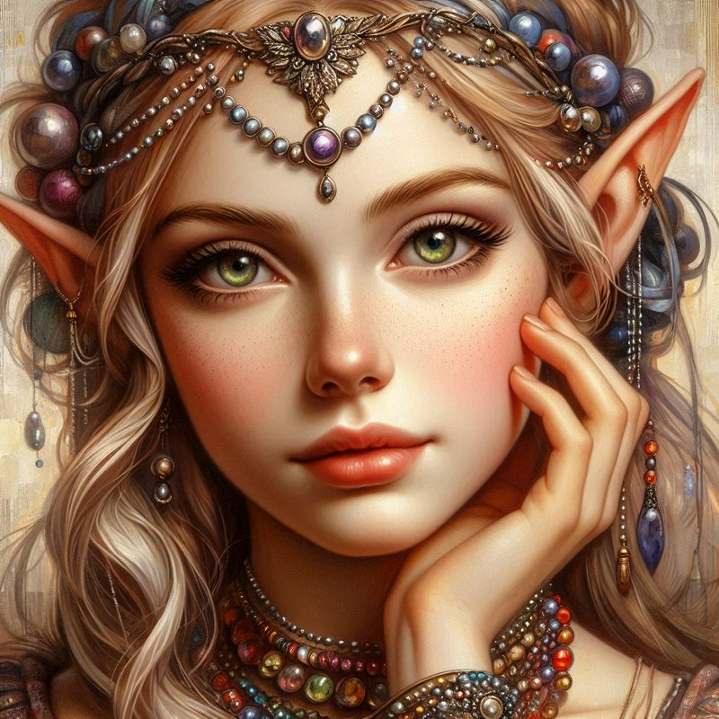 Close-up fantasy portrait of an elf woman with an ornate jeweled crown and bead-adorned accessories.
