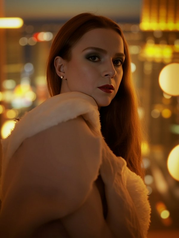 Woman with red hair in a warm fur coat gazes over her shoulder amid urban night lights.