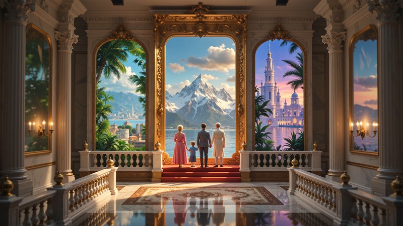 Luxurious ornate hall with gold-framed windows showing mountains, tropical palm scenery, and a di...