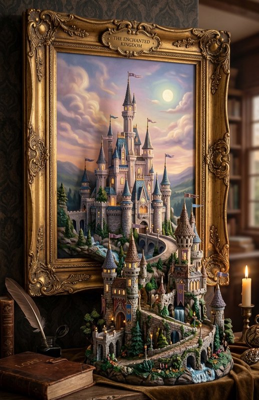 Ornate framed painting titled "The Enchanted Kingdom" featuring a detailed fantasy castle model.