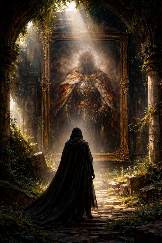 Mysterious cloaked figure approaches a gilded portrait of a regal armored lord in an overgrown ruin.
