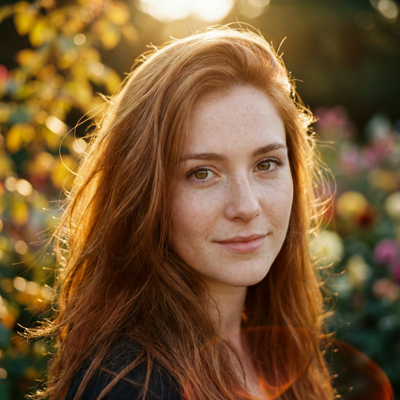 Close-up portrait of a red-haired woman outdoors in warm golden hour light.