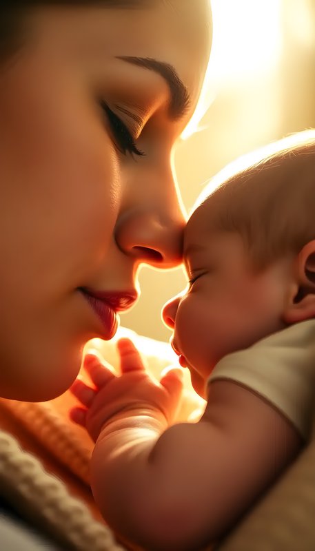 Close-up of mother kissing her newborn's nose in warm backlighting.