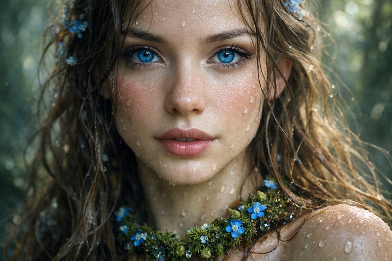 Close-up portrait of a woman with bright blue eyes, wet skin beads, and a mossy blue floral necklace.