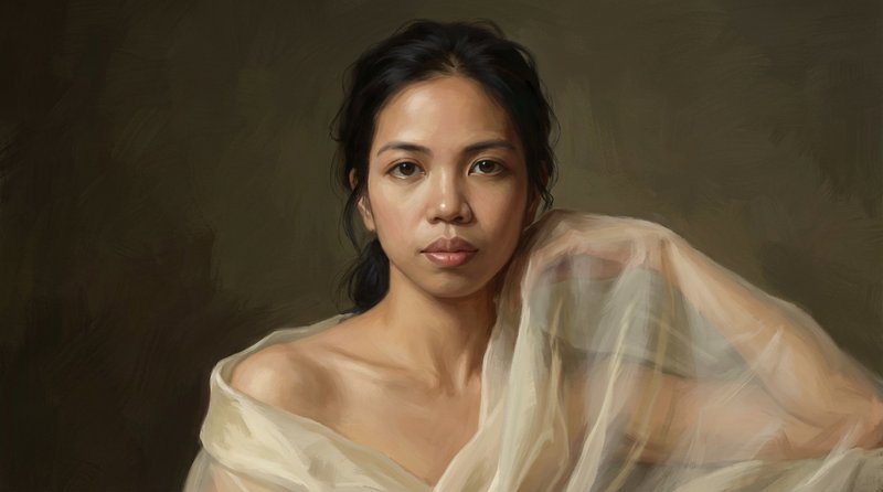 Portrait of an Asian woman draped in sheer fabric against a muted, olive-toned background.
