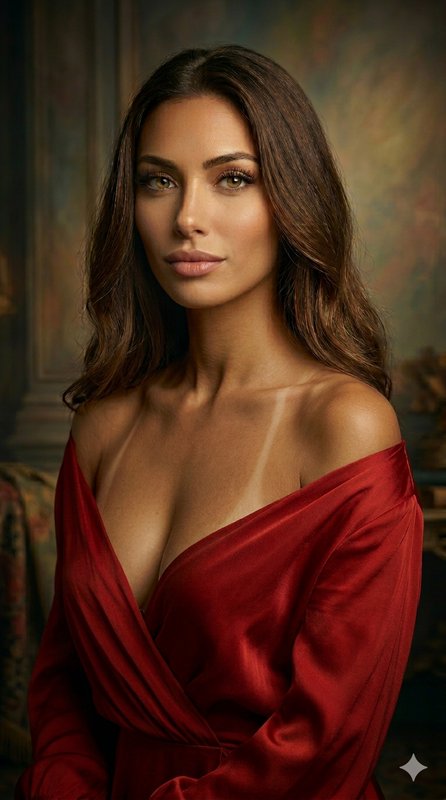 Woman with brown hair in a red satin off-shoulder dress, elegant studio portrait.