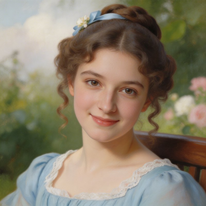 Portrait of a young woman in a light blue dress with lace trim, flower headband, soft curls, and a garden backdrop.