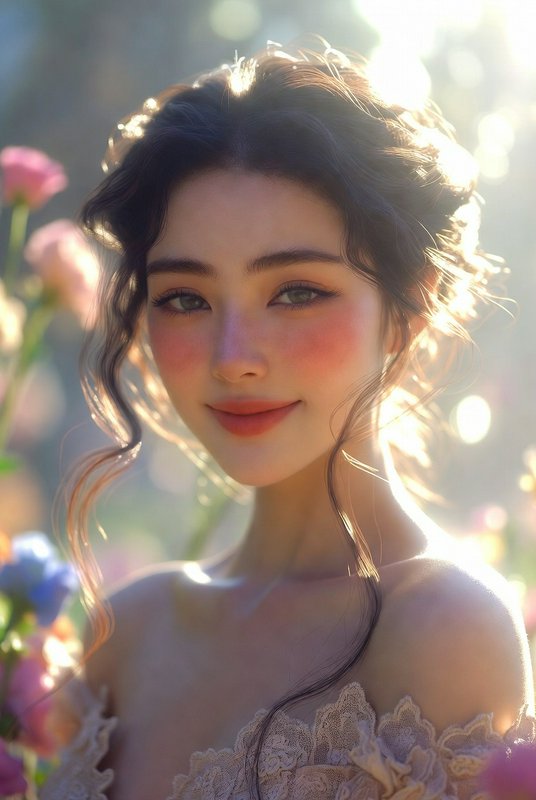 Soft-lit portrait of a woman with rosy cheeks and delicate lace dress among flowers.