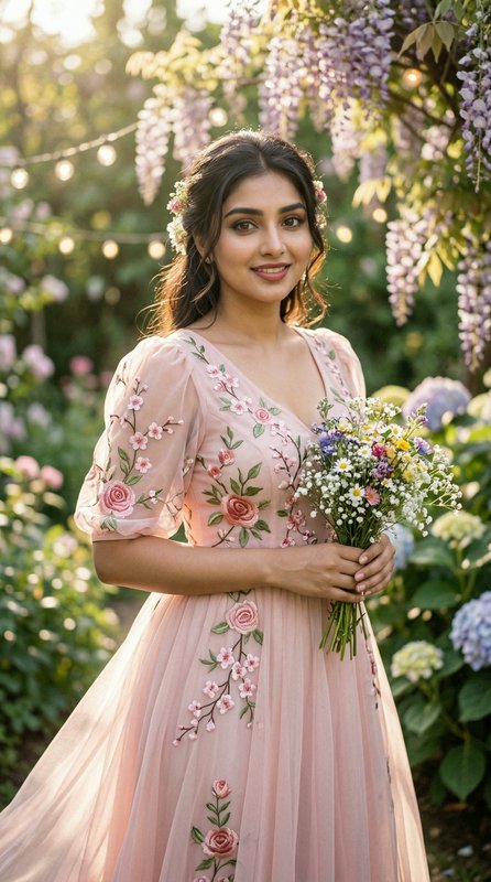 Young woman in a pink floral-embroidered dress holding a bouquet in a garden with hanging wisteri...