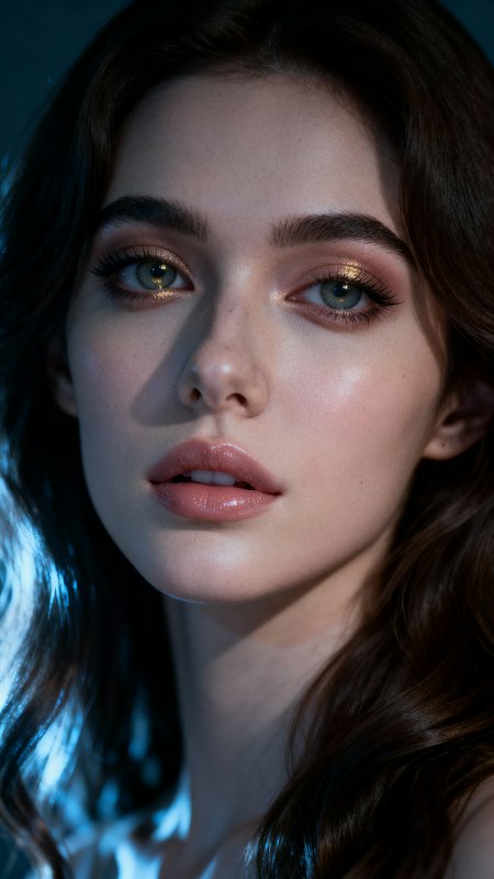Close-up portrait of a young woman with smoky eyes and glossy lips under blue lighting.