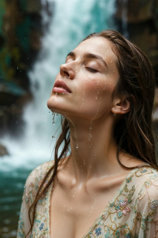 Portrait of a woman with eyes closed under a cascading waterfall, water droplets on her face.
