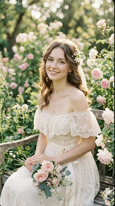 Young woman in an off-shoulder lace dress seated in a rose garden with a bouquet and flower crown.