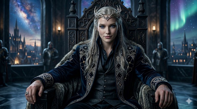 Fantasy elven king with silver hair on an ornate throne, wearing a dark blue embroidered robe.