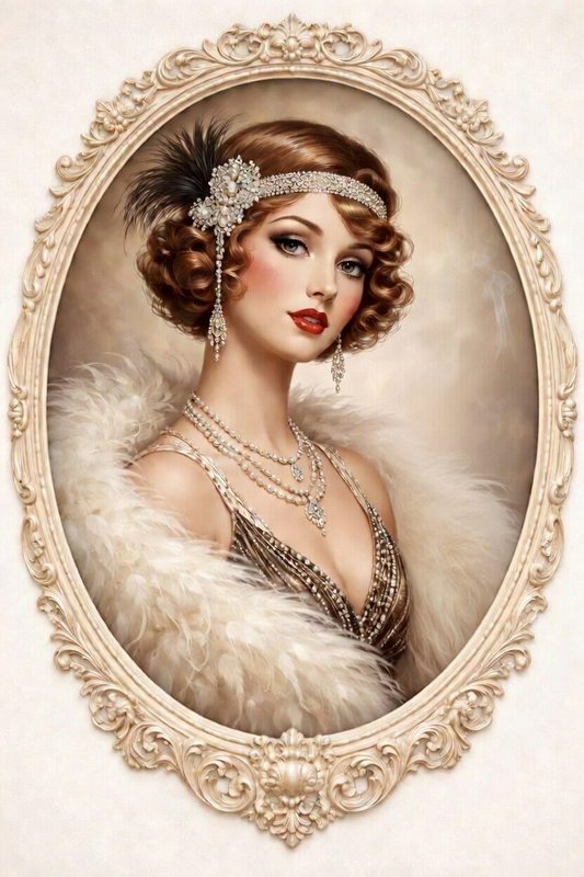 Elegant vintage portrait of a glamorous woman in an ornate frame with pearls and a feather boa.