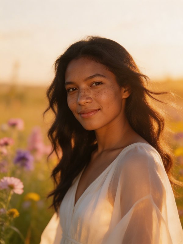 Portrait of a young woman with freckles in a sunlit field wearing a white dress