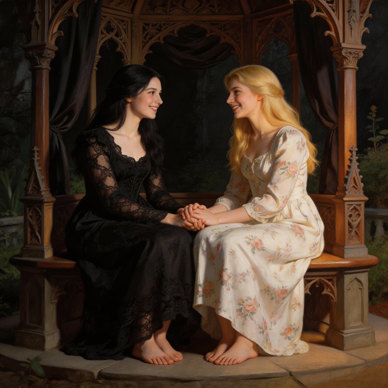 Two women in vintage dresses sit on a carved wooden gazebo, holding hands and smiling.