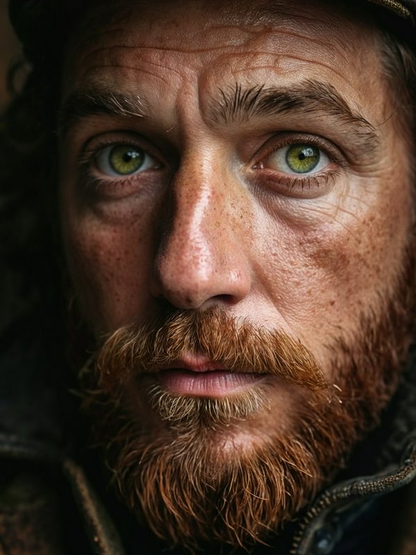 Close-up portrait of a rugged man with green eyes, red beard, and freckled skin.