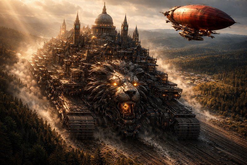 Gigantic steampunk fortress tank shaped like a roaring lion dominates a forested valley with a do...