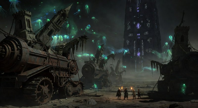 Ruined battlefield with rusted tanks, glowing jellyfish-like beings, and a towering illuminated m...