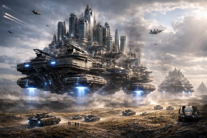 Colossal futuristic city built on gigantic flying warships above a desert battlefield.